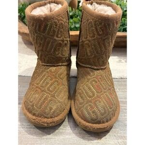 UGG Australia Classic Short Rainbow Logo Embroidered Chestnut Suede Boots Kids
